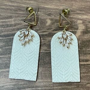 Clay & Fern Co. ETSY Handmade Clay Statement Earrings, White, Rhinestones, NWOT